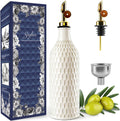 Ceramic Olive Oil Dispenser Bottle for Kitchen with Gravity Spout, 19 oz Opaque Relief Oil Cruet with Funnel, Oil Container for EVOO, Vinegar, and Soy Sauce (Honeycomb Design)