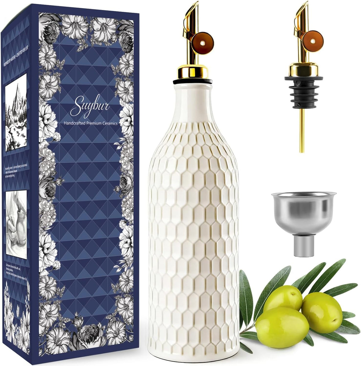 Ceramic Olive Oil Dispenser Bottle for Kitchen with Gravity Spout, 19 oz Opaque Relief Oil Cruet with Funnel, Oil Container for EVOO, Vinegar, and Soy Sauce (Honeycomb Design)