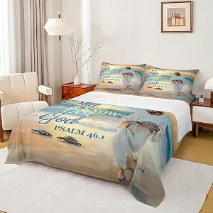 Homewish Bible Verses Bed Sheets Twin Size,Ocean Beach Bedding Set 3Pcs for Kids Boys Girls Teens Room Decor,Bible Verses Theme Fitted Sheet Inspirational Quotes Top Flat Sheet,1 Pillowcase