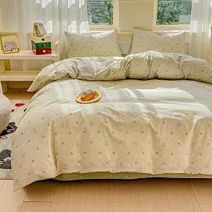 BlueBlue Bunny Duvet Cover Set Twin 100% Cotton Bedding Rabbit Ditsy Cherry Heart Pattern on Cream Green 1 Cozy Cute Comforter Cover 2 Pillowcases (Twin)