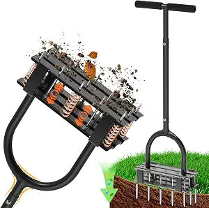 Aerator Lawn Tool - 2-in-1 Reinforced Heavy Duty Manual Lawn Aerator with 15 Spikes, Automatic Dirt and Leaf Clean Design, Adjustable T-Handle (Gloss Black)