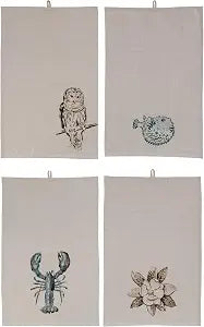 Large Cotton and Linen Decorative Tea Towel with Nature Prints Motif and Loops for Kitchen, Cream, Set of 4