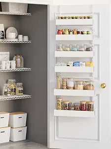 6-Tier Hanging Pantry Organizer, Metal Spice Rack Storage for Kitchen Laundry Bathroom Cabinet, White