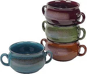 Stoneware 24oz Reactive Glaze Soup Crocks Set of 4: Perfect for soups, stews, and casseroles. Unique reactive glaze, oven-safe, microwave- and dishwasher-friendly with easy-grip handles for serving.