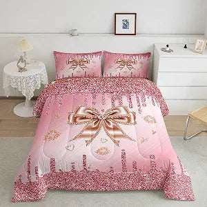 Feelyou Pink Bowknot Comforter Set Full Size Kids Glitter Print���No Glitter