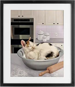Sleepy Cat Mixing Bowl Kitchen, 13 x 16 Inch Framed Print Under Glass