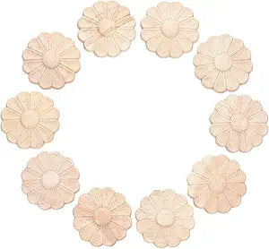 10PCS Wood Small Unfinished Cute Onlay Appliques (4cm/1.57"), Unpainted Round Flower Carving Craft Decals for DIY Project Cabinet Door Cupboard Dresser Wall Wardrobe Furniture Corner Decoration