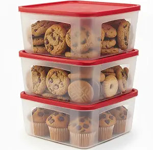 Cookie Storage Containers Airtight - 3-Pack 3.7L Square Plastic Containers With Lids for Baked Goods, Cupcake Storage & Meal Prep - BPA Free, Airtight Flat Reusable Muffin Storage Container