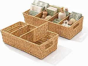 2PCS Rattan Pantry Organizer Baskets with Removable Dividers