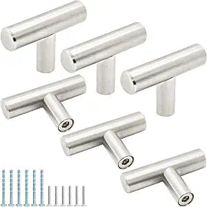 6PCS 2 Inch Brushed Nickel T Bar Cabinet Knobs, Single Hole Stainless Steel Drawer Pulls, Modern Kitchen Hardware Handles for Dresser Cupboard (Silver)