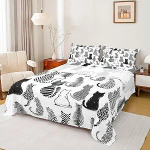 Cute Cat Pattern Bed Sheet Set Twin Size,Cat Kitten Silhouette Sheet Set Kids Teens,Striped Polka Dots Bedding Decor Set with 1 Flat & 1 Fitted Sheet with 1 Pillow Sham