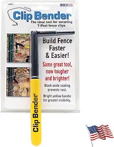 Clip Bender - Made in the USA - Steel tool used for securing T-Post fence clips - Comfortable yellow rubber grip - Black oxide coating to prevent rust. From LockNLube.