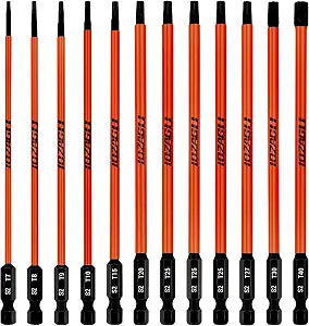 12Pcs Long Torx Bit Set 6-Inch (152mm), T7 to T40, Magnetic Security Tamper Proof Star Bit Set,1/4 Inch Hex Shank | S2 Steel
