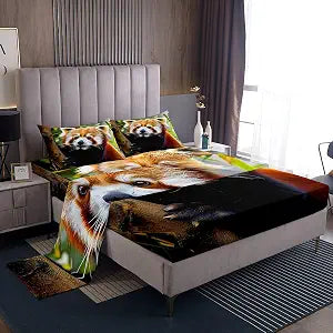 Feelyou Red Panda Sheet Set Cute Animal Pattern Bed Set for Kids Boys Girls Teens Red Panda Leaves Print Bed Sheets Breathable Nature Sheets Bedroom Collection 4Pcs Full Size