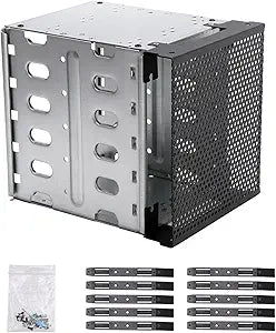 EMVANV Stainless Steel Hard Drive Cage, 5.25" to 5X 3.5 with Fan Space, Adapter Rack Bracket (Silver)