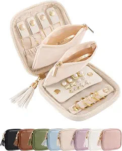Lolalet Mini Travel Jewelry Case, Soft PU Leather Pouch -Creamwhite