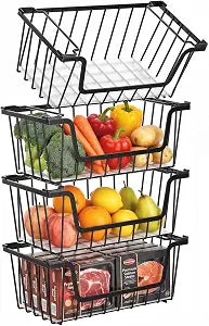 SUNALLY Stackable Storage Bins 4 Pcs Wire Baskets Freezer Organizer, Black