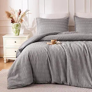 SLEEP ZONE Seersucker Duvet Cover Set King Size, 3 Pieces Boho Bedding Set for All Season 1 Durable and Soft Jacquard Duvet Cover with 2 Pillow Shams, 104"x90", Dark Grey Striped