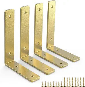 Gold Heavy Duty Shelf Brackets 8 Inch, Extra Thick L Shelving Brackets, Rustic Gold Iron Floating Shelves Wall Mounted with Hardware for DIY Open Shelving, 4 Pack