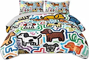 AILONEN Colorful Cartoon Dog Puppy Bedding Quilt Set Twin Size,Soft Lightweight Doodle Print Theme Bedspread Coverlet,3 Pieces Quilt & 2 Pillowcases,All Season Use
