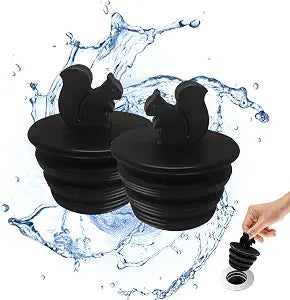 Universal Bathtub Plug - 2 Pack Silicone Tub Stopper, Black Squirrel Shape, Fits Kitchen & Bathroom Sink Drains
