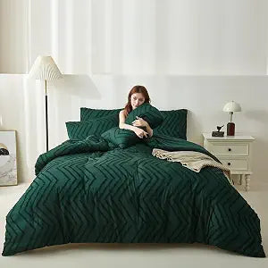 Tufted Boho Comforter Set Queen Size, Emerald Green Bohemian Farmhouse Bedding Set, 3 Pieces All Season Soft Microfiber Comforter & Pillow Cases for Women Girls Teens