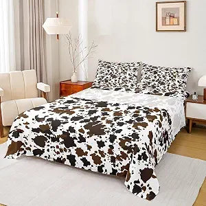 Homewish Cow Print Sheet Set Full Size Brown White Cow Fur Bedding Set for Kids Boys Teens Room Decor, Farm Animal Print Bed Sheet Set 4pcs with Deep Pocket Fitted Sheet + Flat Sheet + 2 Pillowcases