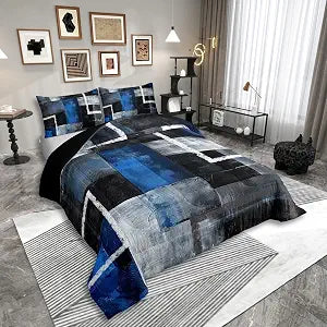 Erosebridal Oil Painting Geometric Twin Size Bedding Set for Teen Adults,Blue Black Grey Comforter Set Modern Abstract Art Comforter Watercolor Patchwork Duvet Insert