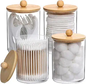 Tbestmax 4 Pack Qtip Holder, 10-Ounce Bathroom Organizer Accessories Storage Containers Clear Plastic Apothecary Jars with Bamboo Lids for Cotton Ball, Cotton Swab, Floss