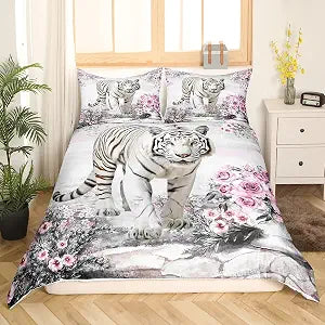 Tiger Duvet Cover Set Full Size,Pink Rose Floret Africa Fierce Wildlife Animals Comforter Cover for Boys Girls Teens,Watercolor Flower Leaves Print Bedding Set with 2 Pillowcases(No Filler)