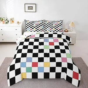 Erosebridal Black White Checkered Kids Bedding Set Full Colorful Checkerboard Grid Comforter Set Funky Buffalo Plaid Quilt Set for Boys Girls Teen Groovy Gingham Bed Set Aesthetic Room Decor