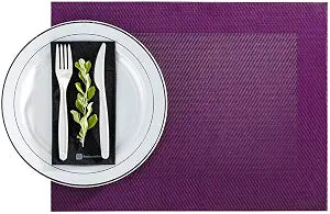 Restaurantware Geneva 16 Inch x 12 Inch Vinyl Table Mats 6 Heat Resistant Dinner Placemats - Stain Resistant Washable Violet Vinyl Kitchen Table Mats Woven For Parties and Dining Tables