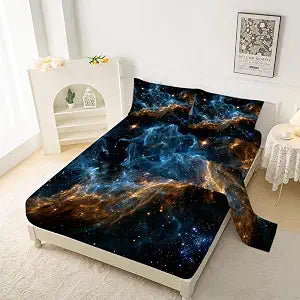 kxry Space Sheet Set 4 Pieces Blue Gold Galaxy Soft Bedding Sheets Full