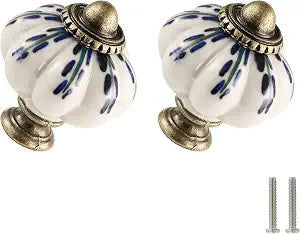 6pcs Ceramic Pumpkin Knobs - Blue Willow Leaf