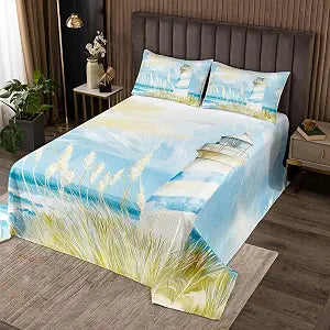 Castle Fairy Nautical Lighthouse Bedspread Queen Size,Ocean Beach Quilt Sets 3Pcs for Kids Teens Adults Room Decor,Retro Botanical Bedding Sets Beach Themed Bedding Duvet,2 Pillowcases