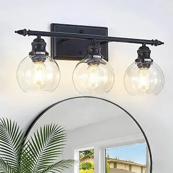3-Light Bathroom Light Fixtures Matte Black Vanity Light Over Mirror Modern Vanity Lighting with Clear Glass Globe Vintage Wall Sconce for Kitchen Living Room Hallway Bedroom