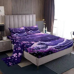 Erosebridal Purple Cherry Blossom Bed Sheets Queen,Violet Japanese Style Bedding Set,Ocean Waves Moon Flat Fitted Sheet,Marine Coastal Nautical Theme Room Decor,Soft Lightweight