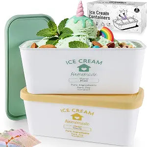 cyrico Ice Cream Containers for Homemade 2 Pack 2 Quart Each, Reusable Ice Cream Containers with Silicone Lids Sorbet Frozen Yogurt Storage Set BPA Free Stackable Leakproof Dishwasher Freezer Safe