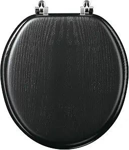 Round Wood Toilet Seat Support 400 lbs, Heavy Duty Toilet Seat with Wood Veneer for Home Bathroom, Wooden Black Toilet Lid with Chrome Hinges, Grip-Tight Bumpers, Easy Clean, Easy Install