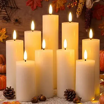 Retisee 9 Pcs Halloween Flameless Pillar Candles with Remote Timer 4-9 Inch