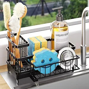 Consumest Sponge Holder for Kitchen Sink - Auto Draining Sink Caddy Organizer with Detachable Rack, High Brush Holder, Kitchen Countertop Storage Accessories, Black