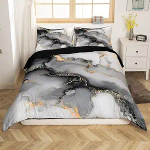 Erosebridal Grey Abstract Bed Set Watercolor Art Duvet Cover, Black Marble Bedding Set Queen Gray Stone Pattern Comforter Cover, Gold Metallic Bed Cover Hippie Painting Home Dorm Decorations 3pcs