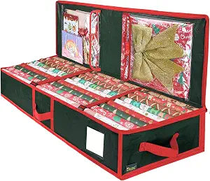 BALEINE Soft Christmas Wrapping Paper Storage Bag, 40" Durable PE Gift Wrap Storage Bag with Flexible Partitions and Pockets for Ribbon, Accessories (Green)
