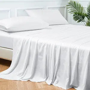 100% Viscose Derived from Bamboo Sheets for Hot Sleepers, 600 Thread Count Jacquard Weaving, 16" Deep Pocket, Silky Soft, Cooling and Breathable, Full, White