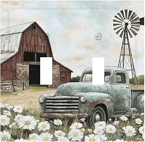 Retro Trucks Old Barn Windmill Teal Car Rustic Decorative Switch Plates 2 Gang Double Toggle Outlet Light Switch Cover Wall Plate Electrical Faceplate for Farmhouse Home Decor