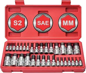 Master Hex Bit Socket Set 32-Pcs, Allen Socket Set, 1/4'', 3/8& 1/2'' Hex Drive Sockets, SAE & Metric, S2 Alloy Steel Combine with Cr-V, 5/64 to 3/4, 2mm to 19mm-