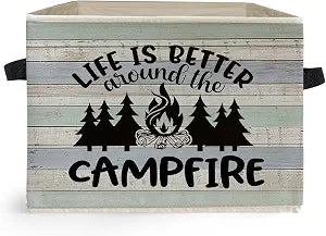 Rustic Camping Storage Box Bins, Life Is Better Around the Campfire Collapsible Storage Basket Organizer for Camper Bedroom Laundry Room Home Clothes Books, Decor for Room