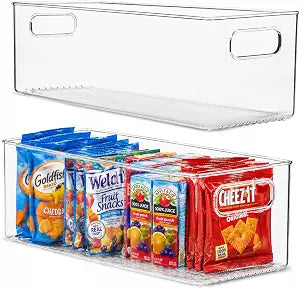 primebox Plastic Food Storage 2 Pack Clear Container Bin with Handles for Organizing Kitchen, Pantry, Refrigerator, Freezer, Pantry, Cabinet, Closet, Bathroom. 16x6x5