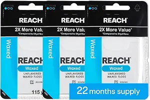 REACH Waxed Dental Floss, 2X More Value, Plaque Remover for Teeth, Shred Resistant, Floss Slides Smoothly, Easy to Use, Waxed, for Adults & Kids, Oral Care, PFAS Free, 3 Pack, 115 yd, Unflavored