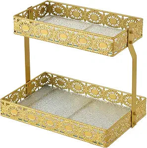 xiaojuande-Two Layer Glass Storage Tray with Portable Dressing Table Skin Care Product Organization Rack Corner Storage Rack for Bathroom Counter High-end Light Luxury Display Plate - Gold (Gold)